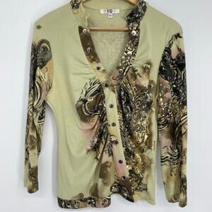 Paris IQ Vintage Top Large 90s Y2K Jersey Knit Button Top Asymmetrical Fairy